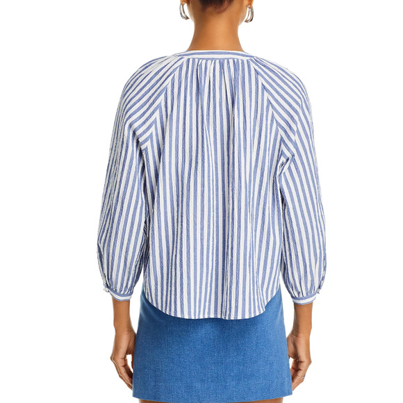 VERONICA BEARD TOP WOMENS MEDIUM JUDITH V-NECK PUFF SLEEVE BLOUSE BLUE WHITE - Picture 2 of 13